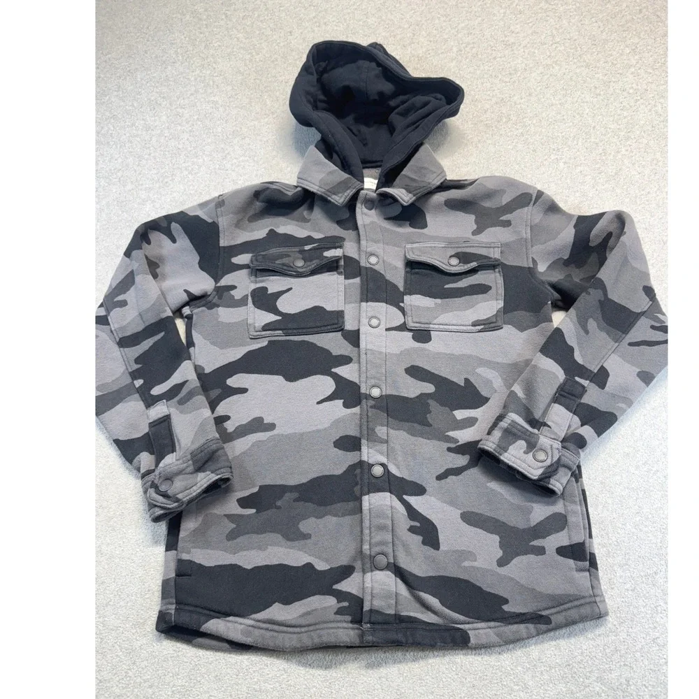 Abercrombie Kids Shirt Jacket Kids 13/14 Gray Camo Hooded Relaxed Fit Shacket